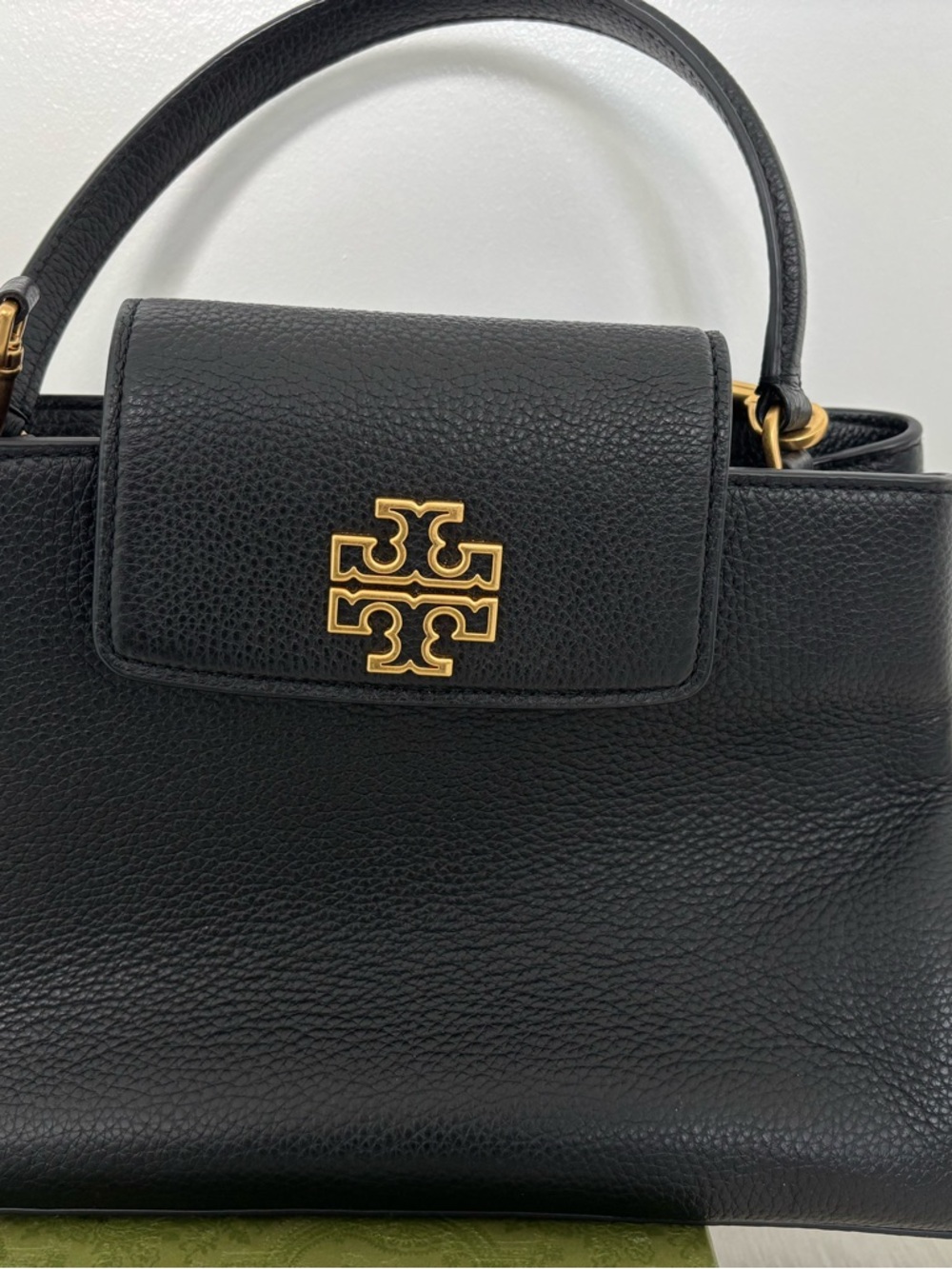 Tory Burch Black Leather Top-Handle Satchel with Gold Logo